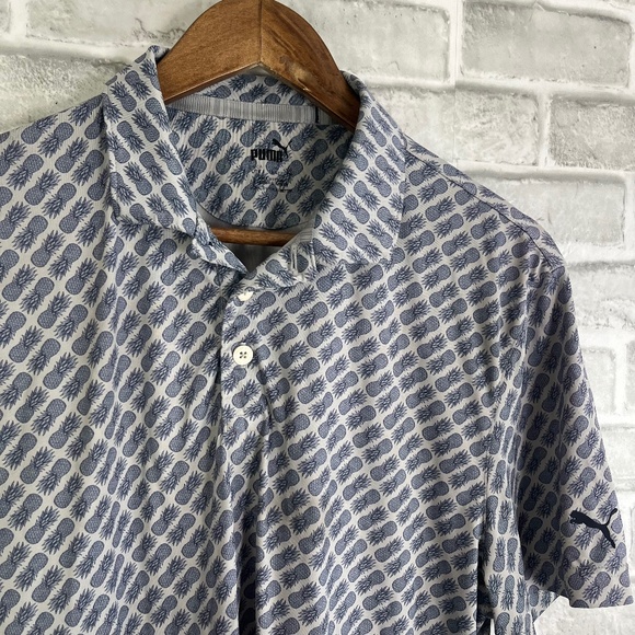 PUMA Golf Light Gray Blue Pineapple All Over Print Performance Polo Shirt Large - Picture 1 of 8